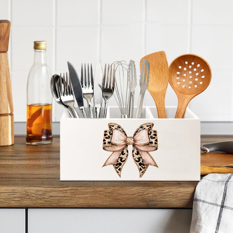 KBRCT Pink Leopard Print Bow Wooden Utensils Holder, Glitter Coquette Cheetah Print Bow Wood Cooking Utensil Holder Organizer for Kitchen Countertop Counter Decor - Image 5
